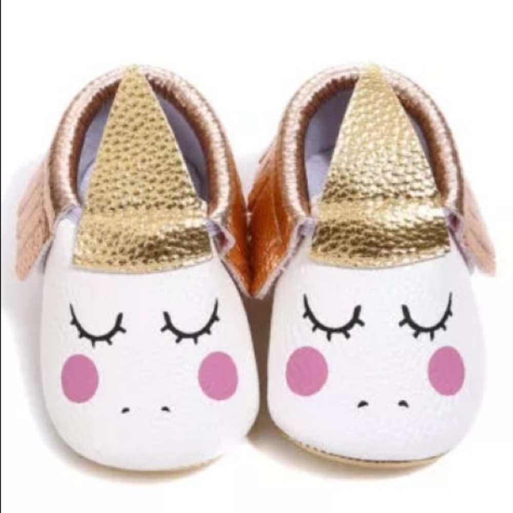 Baby Sleeping Unicorn Moccasins Gold Faux Leather